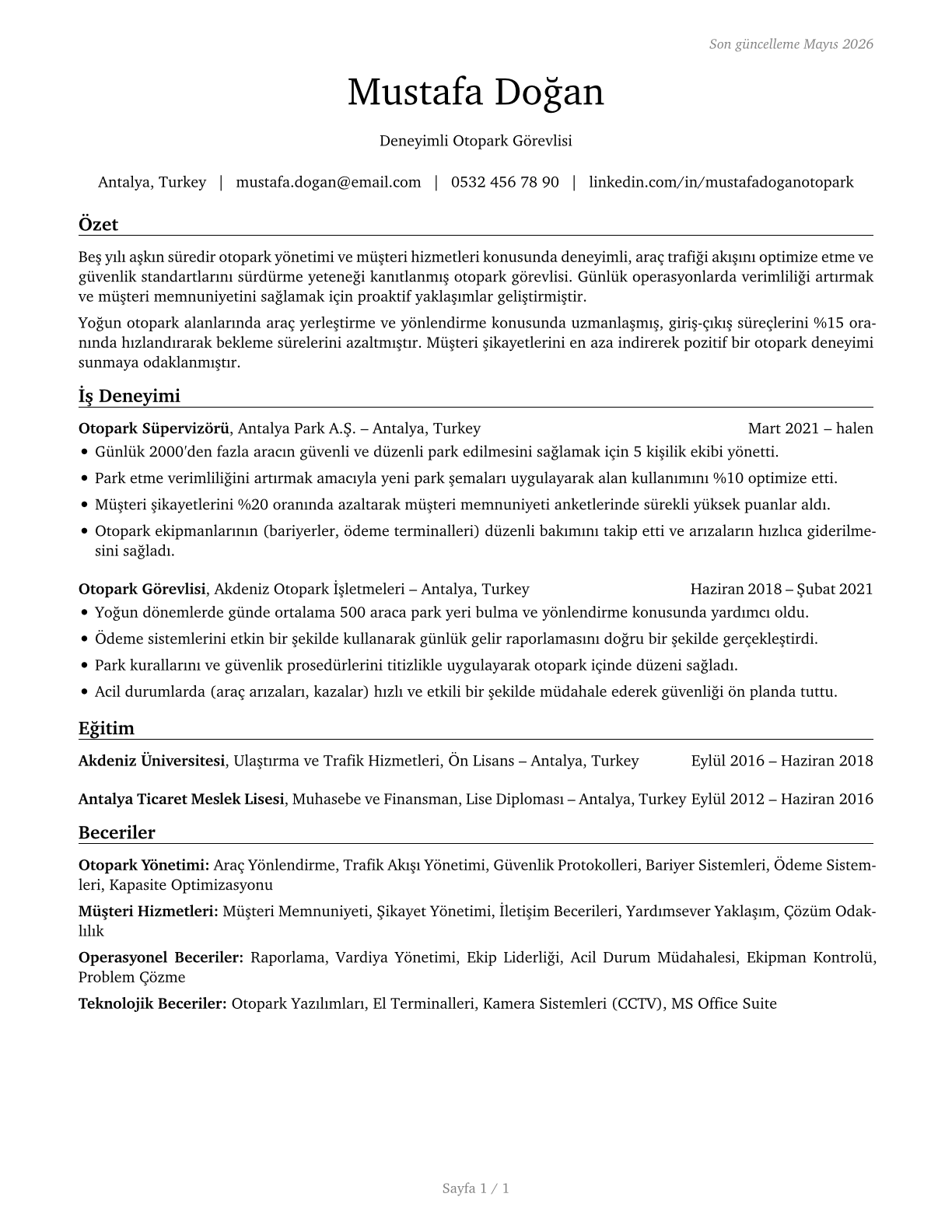 Parking Attendants CV in Turkish — page 1