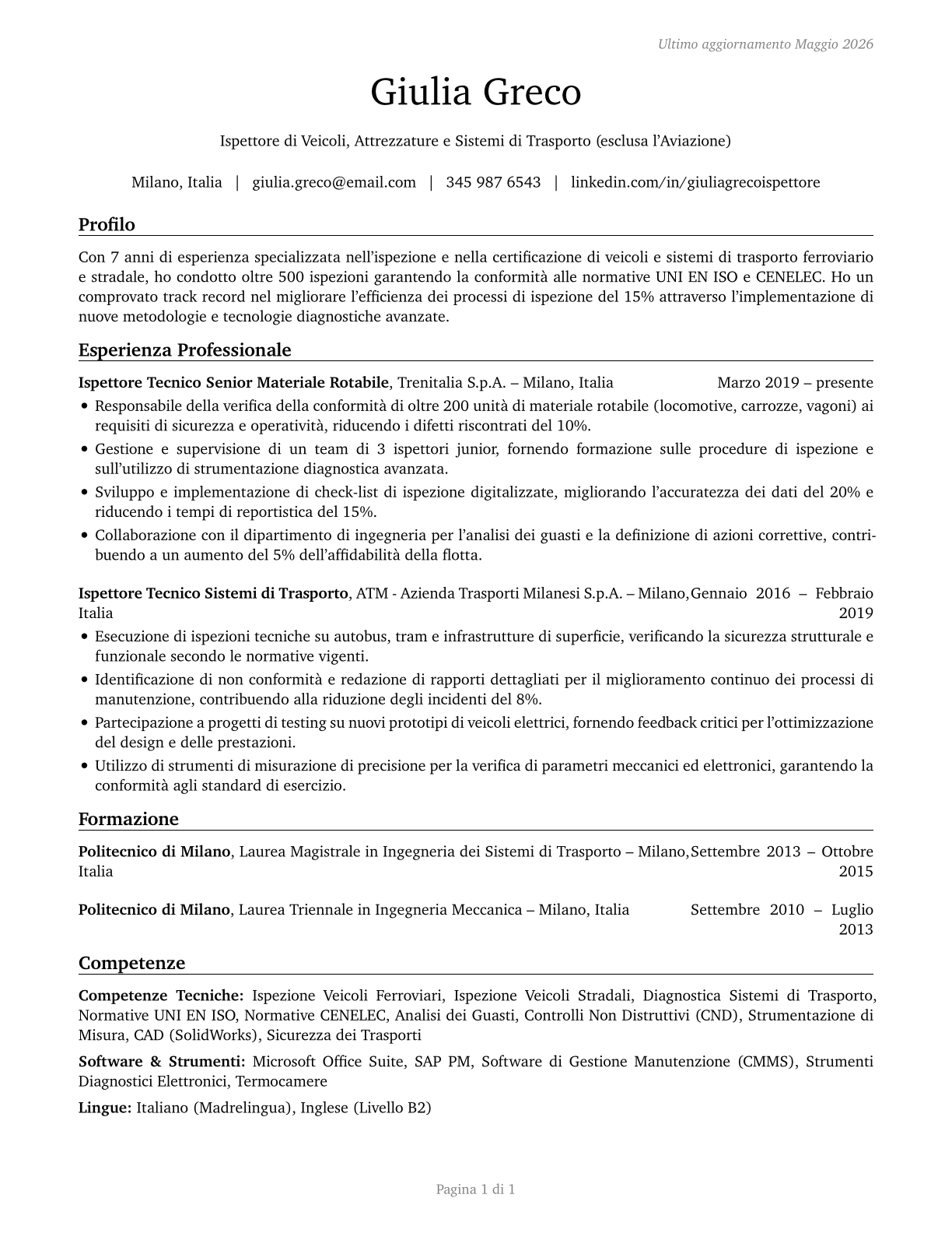 Transportation Vehicle, Equipment and Systems Inspectors, Except Aviation CV in Italian — page 1