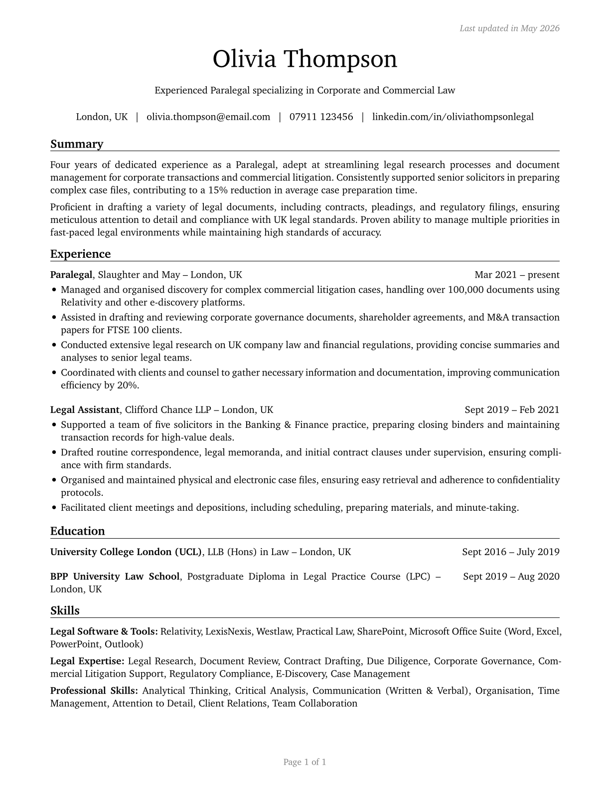 Paralegals and Legal Assistants CV in English — page 1