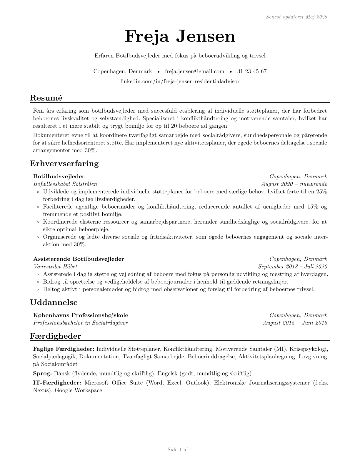 Residential Advisors CV in Danish — page 1