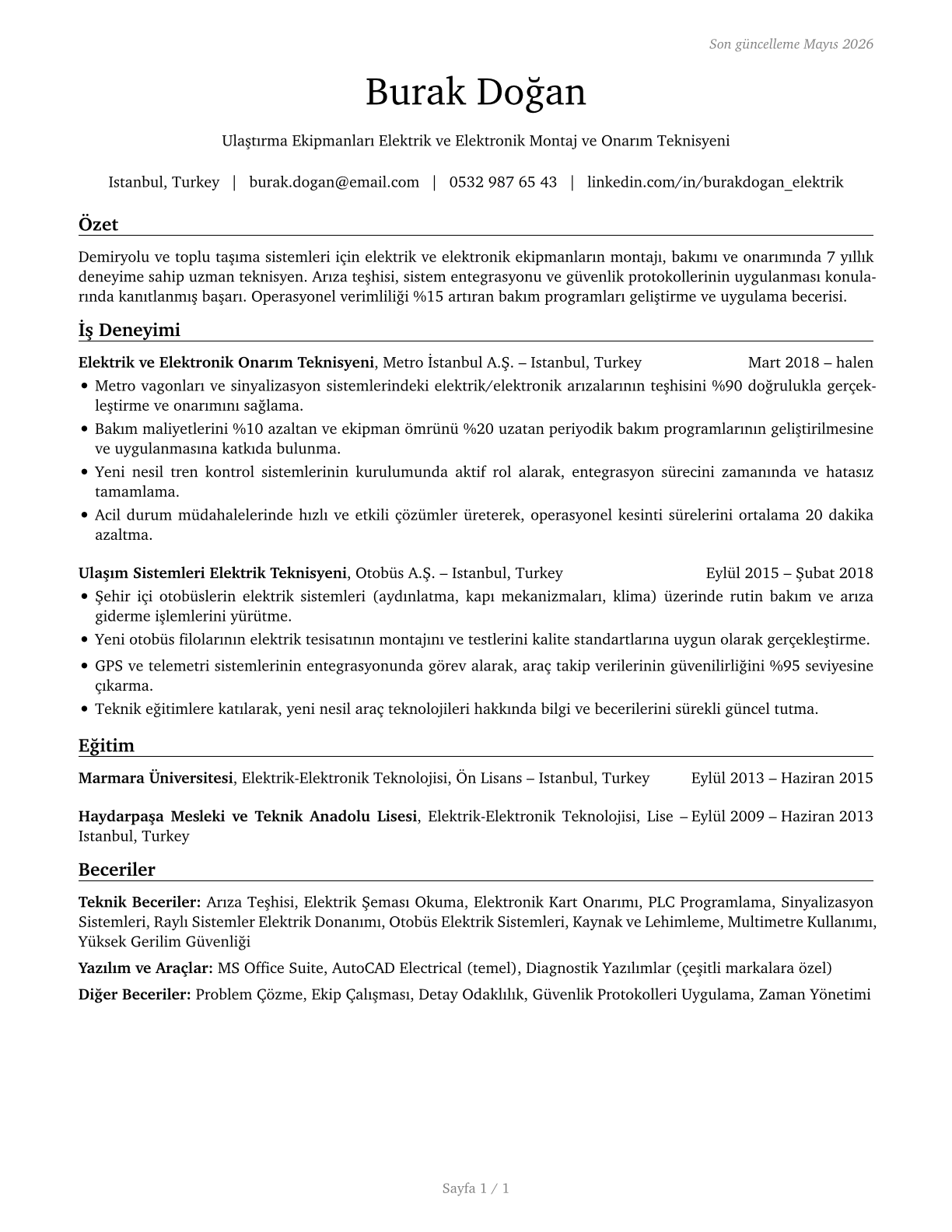 Electrical and Electronics Installers and Repairers, Transportation Equipment CV in Turkish — page 1