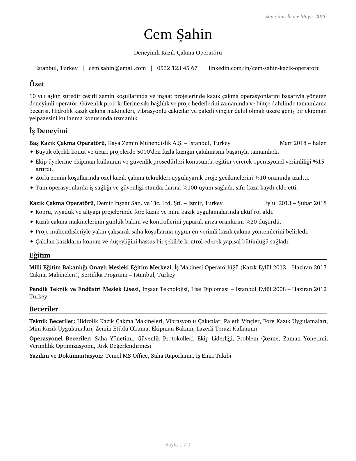Pile Driver Operators CV in Turkish — page 1