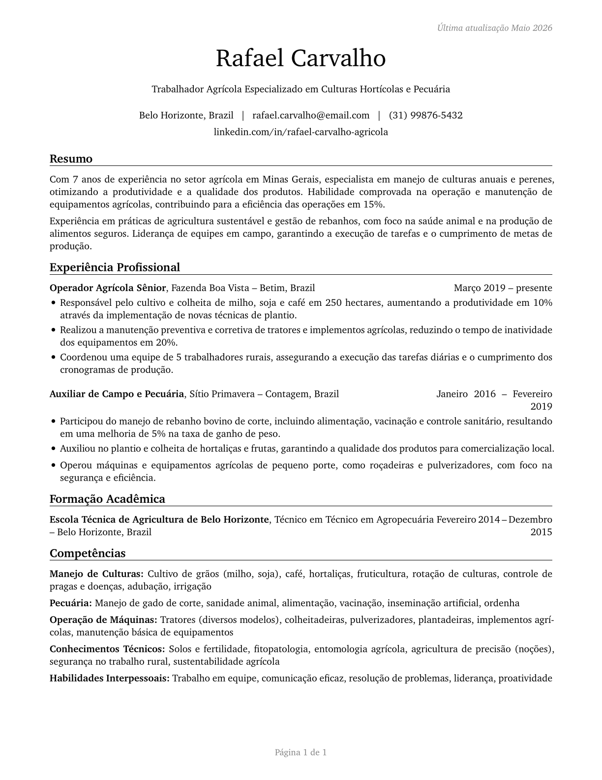 Agricultural Workers, All Other CV in Portuguese — page 1