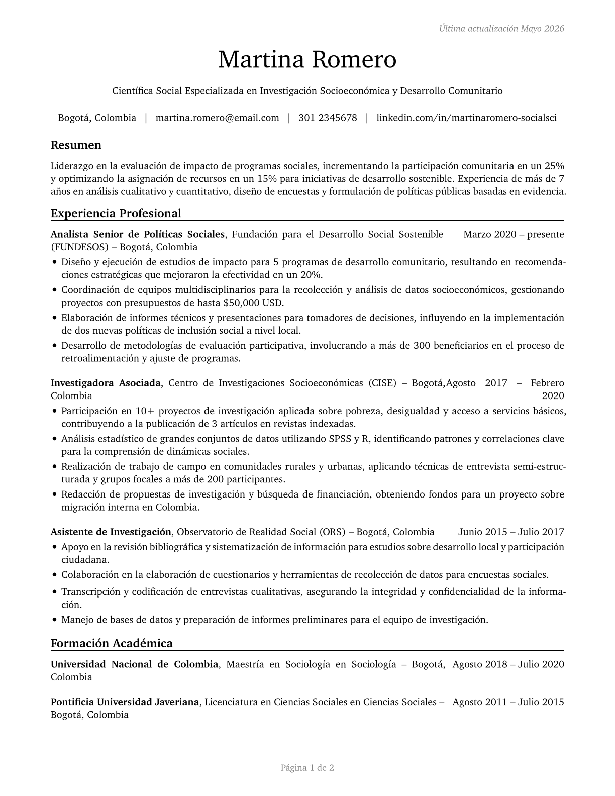 Social Scientists and Related Workers, All Other CV in Spanish — page 1