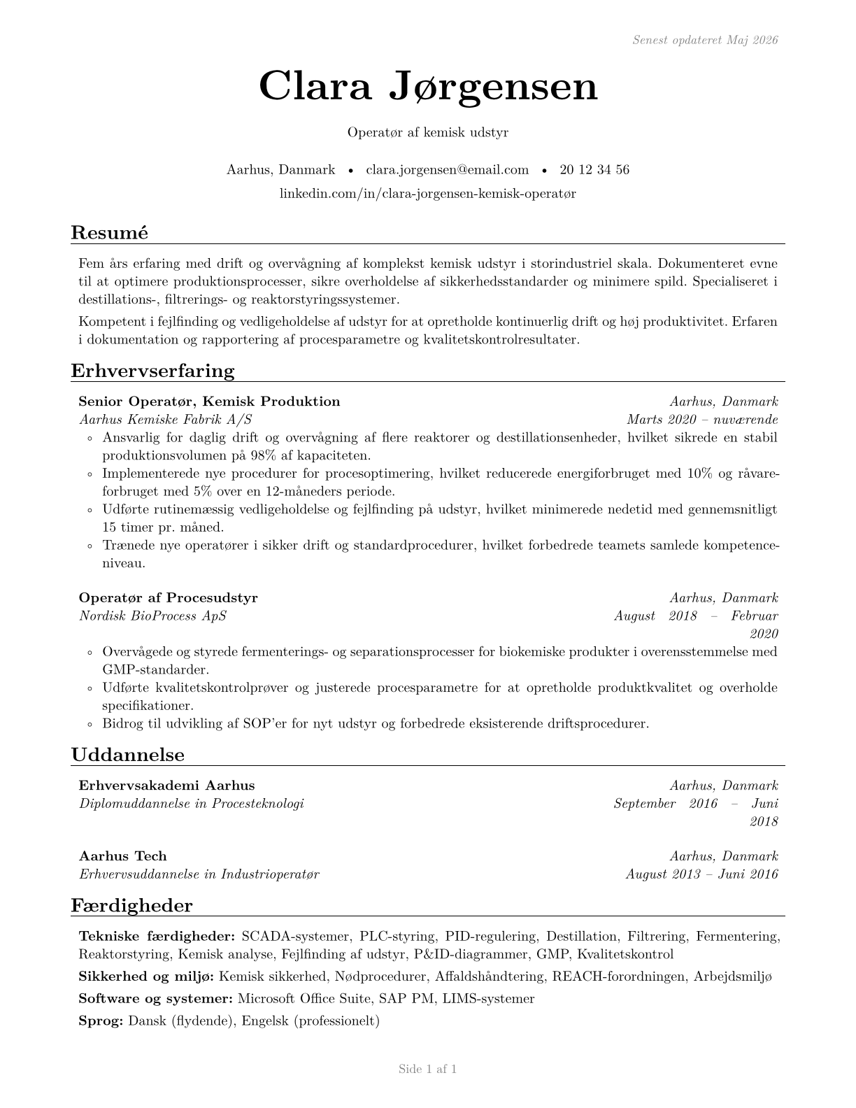 Chemical Equipment Operators and Tenders CV in Danish — page 1