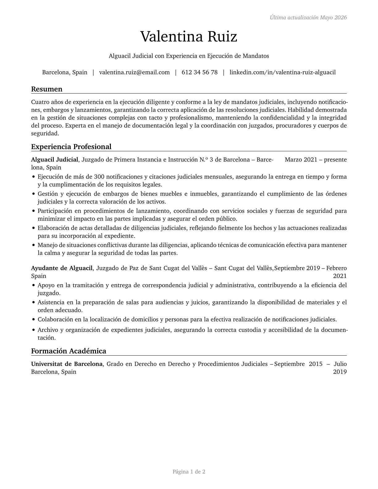 Bailiffs CV in Spanish — page 1