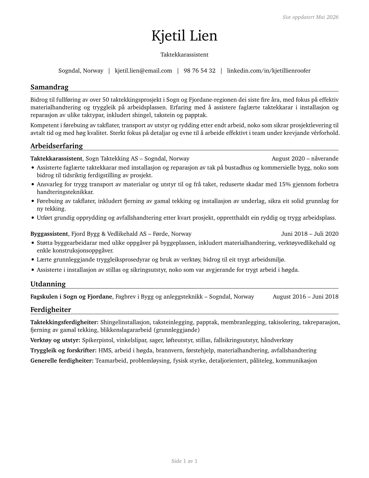Helpers--Roofers CV in Norwegian_nynorsk — page 1