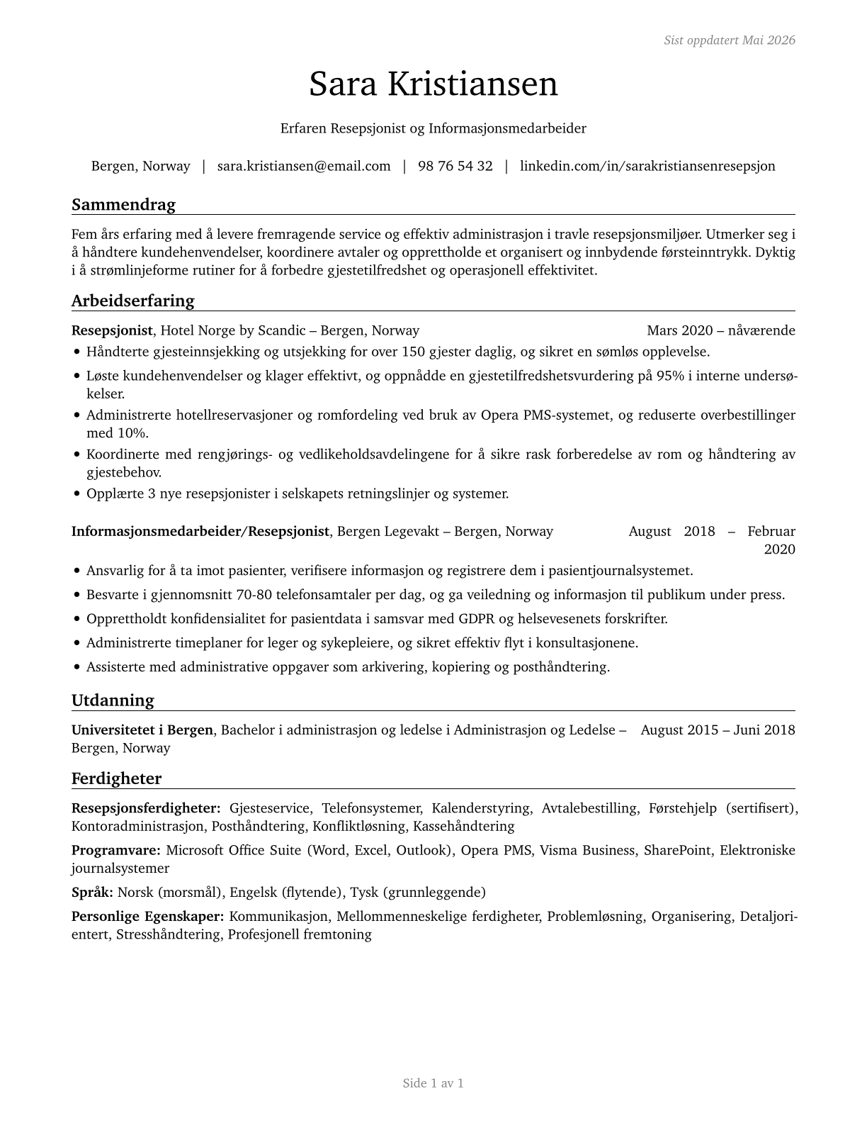 Receptionists and Information Clerks CV in Norwegian_bokmal — page 1