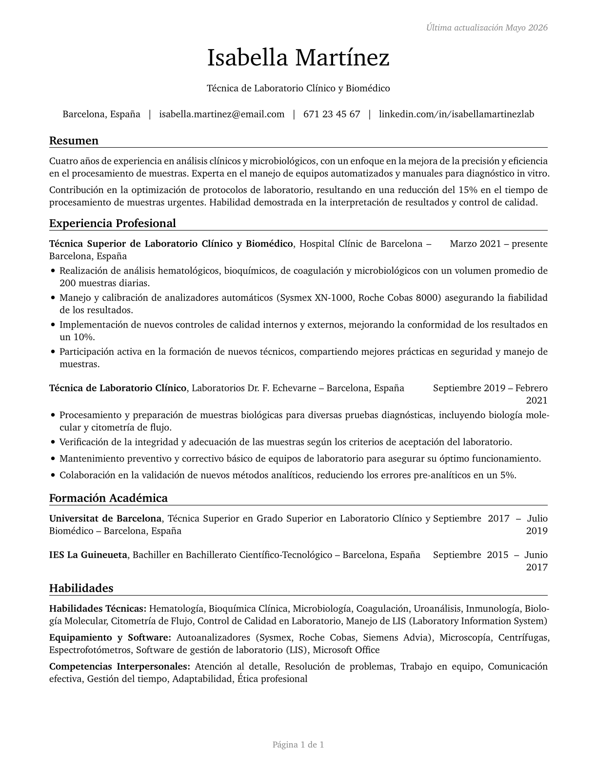 Medical and Clinical Laboratory Technicians CV in Spanish — page 1
