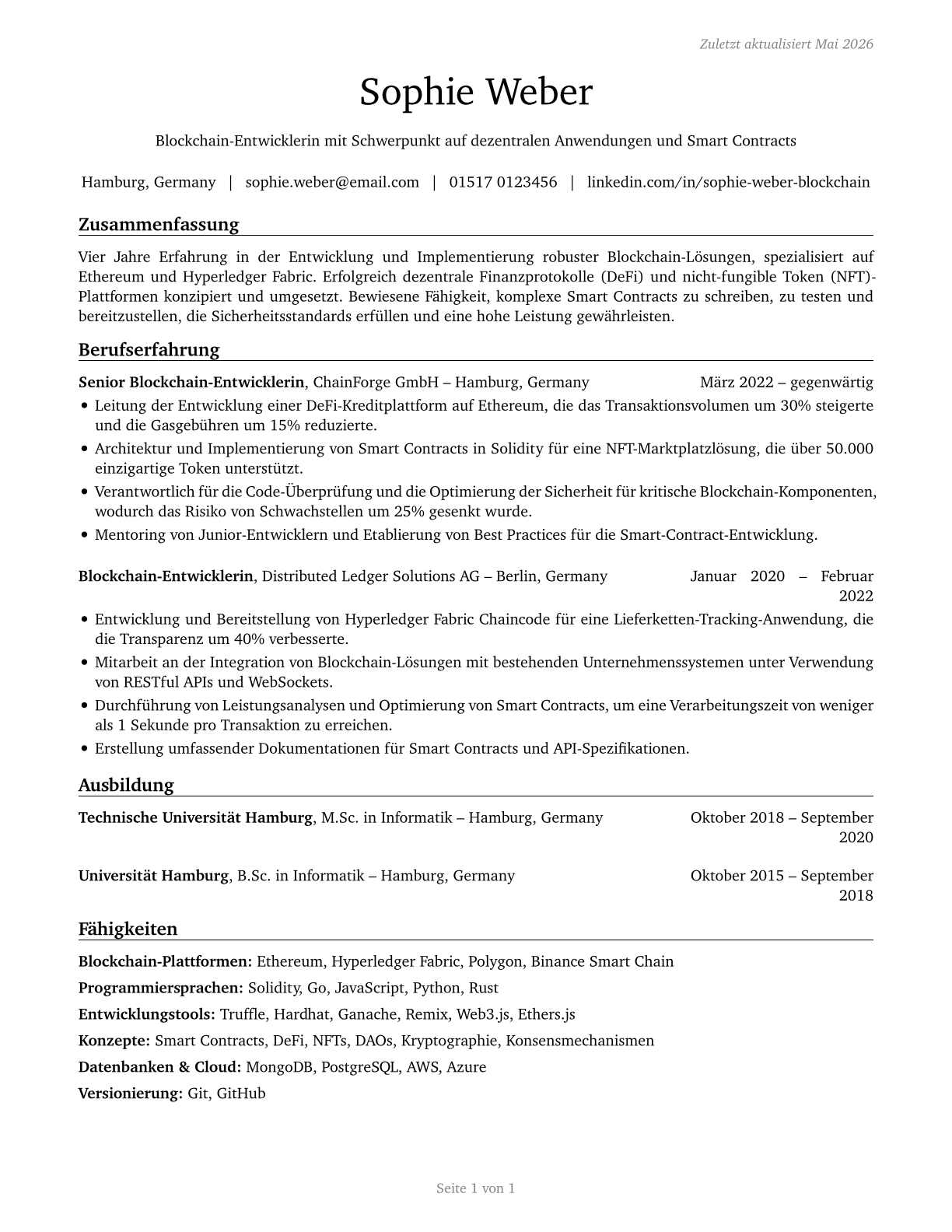 Blockchain Engineers CV in German — page 1