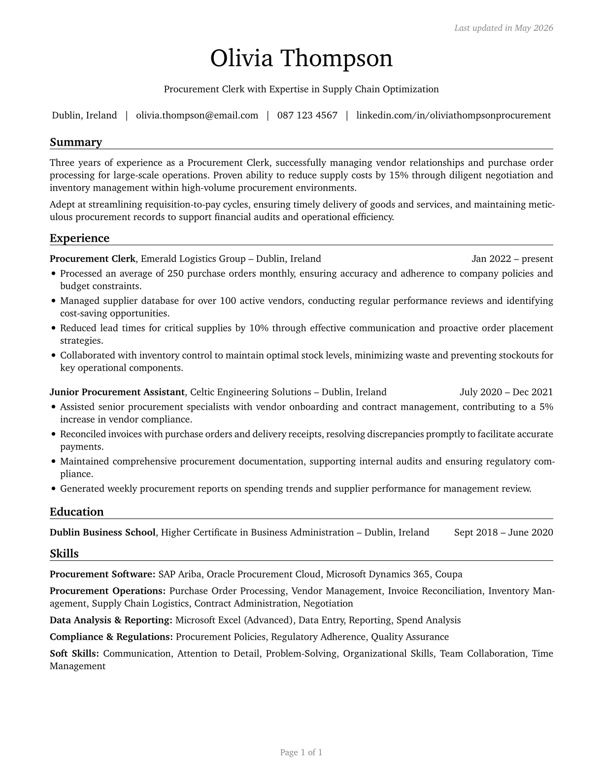 Procurement Clerks CV in English — page 1