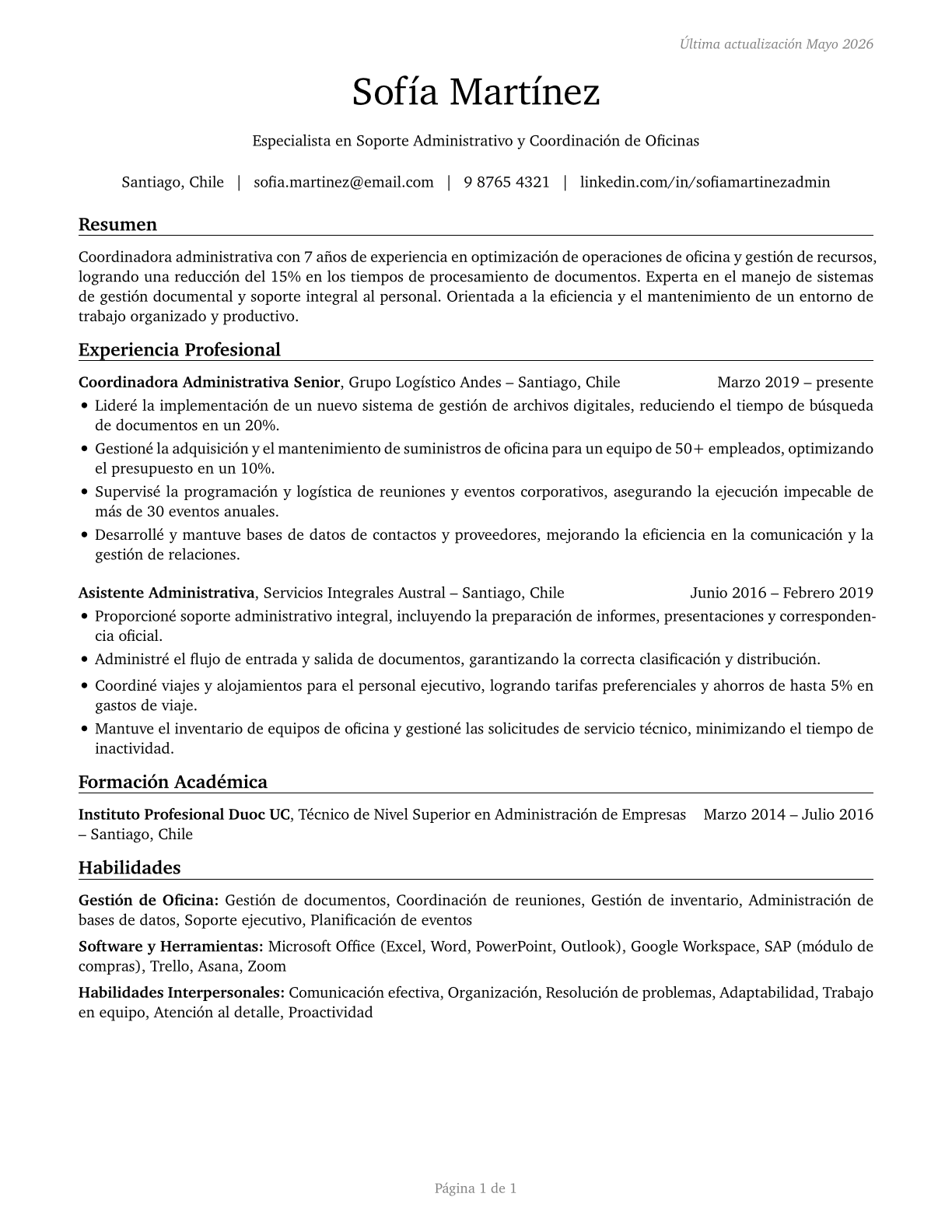 Office and Administrative Support Workers, All Other CV in Spanish — page 1