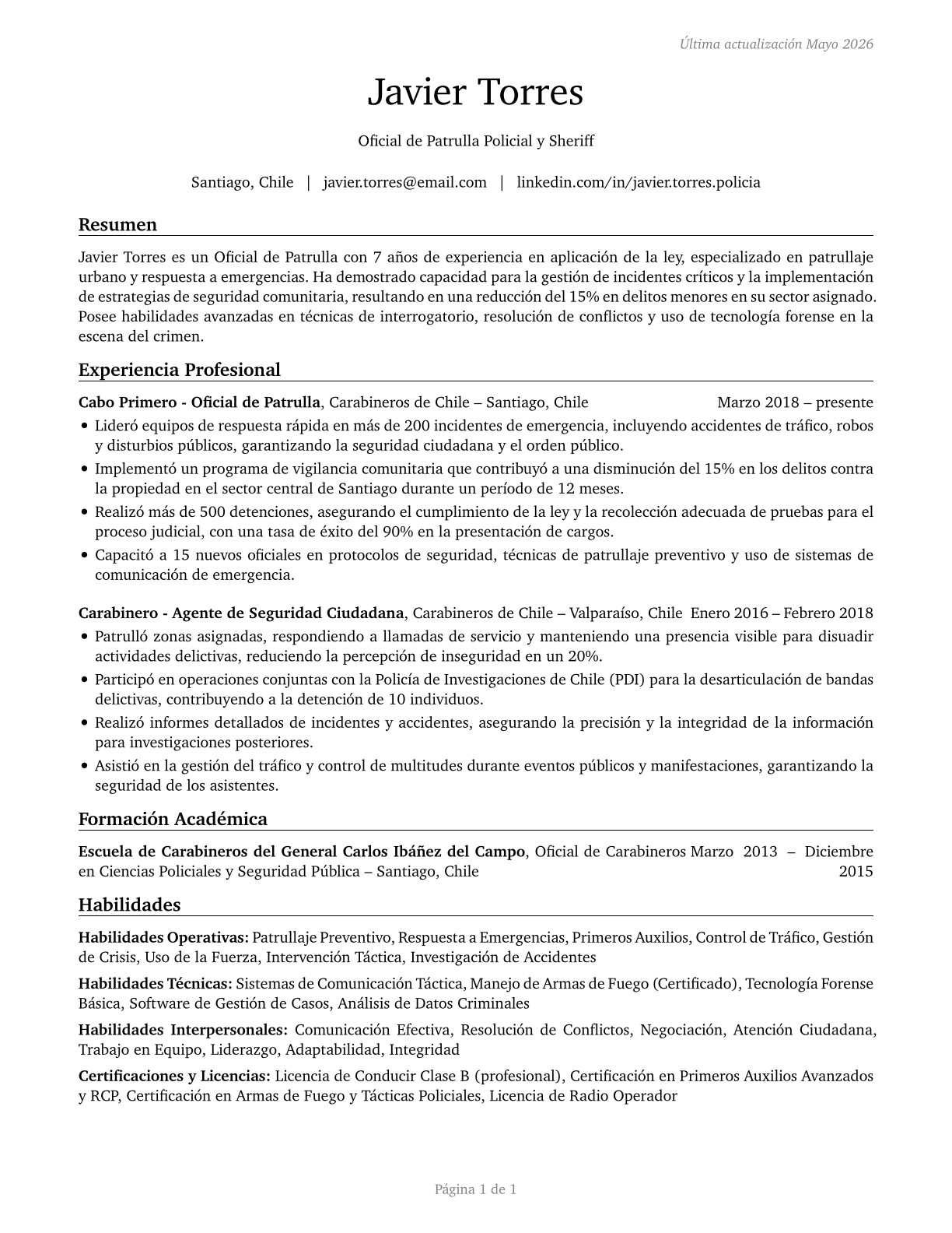 Police and Sheriff's Patrol Officers CV in Spanish — page 1
