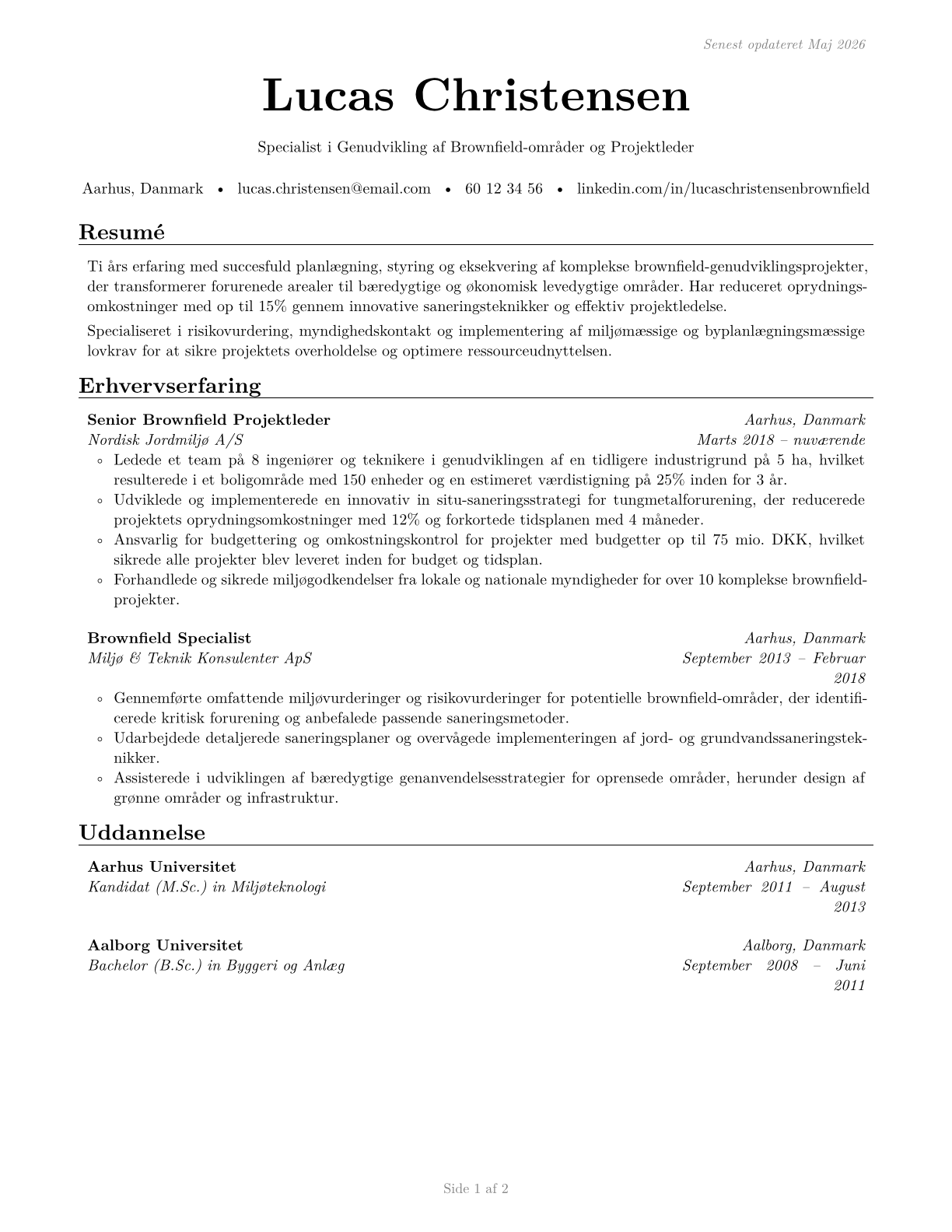 Brownfield Redevelopment Specialists and Site Managers CV in Danish — page 1