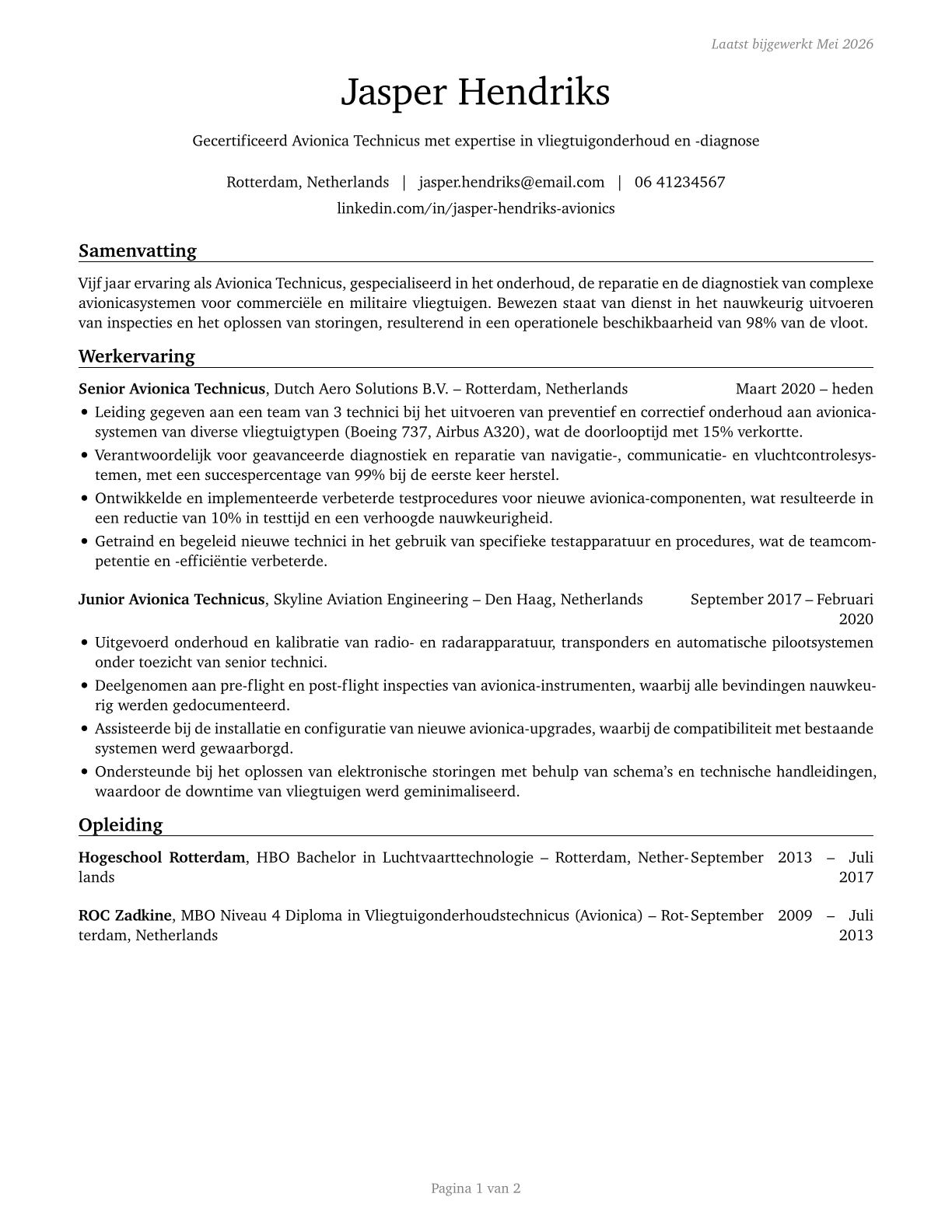 Avionics Technicians CV in Dutch — page 1
