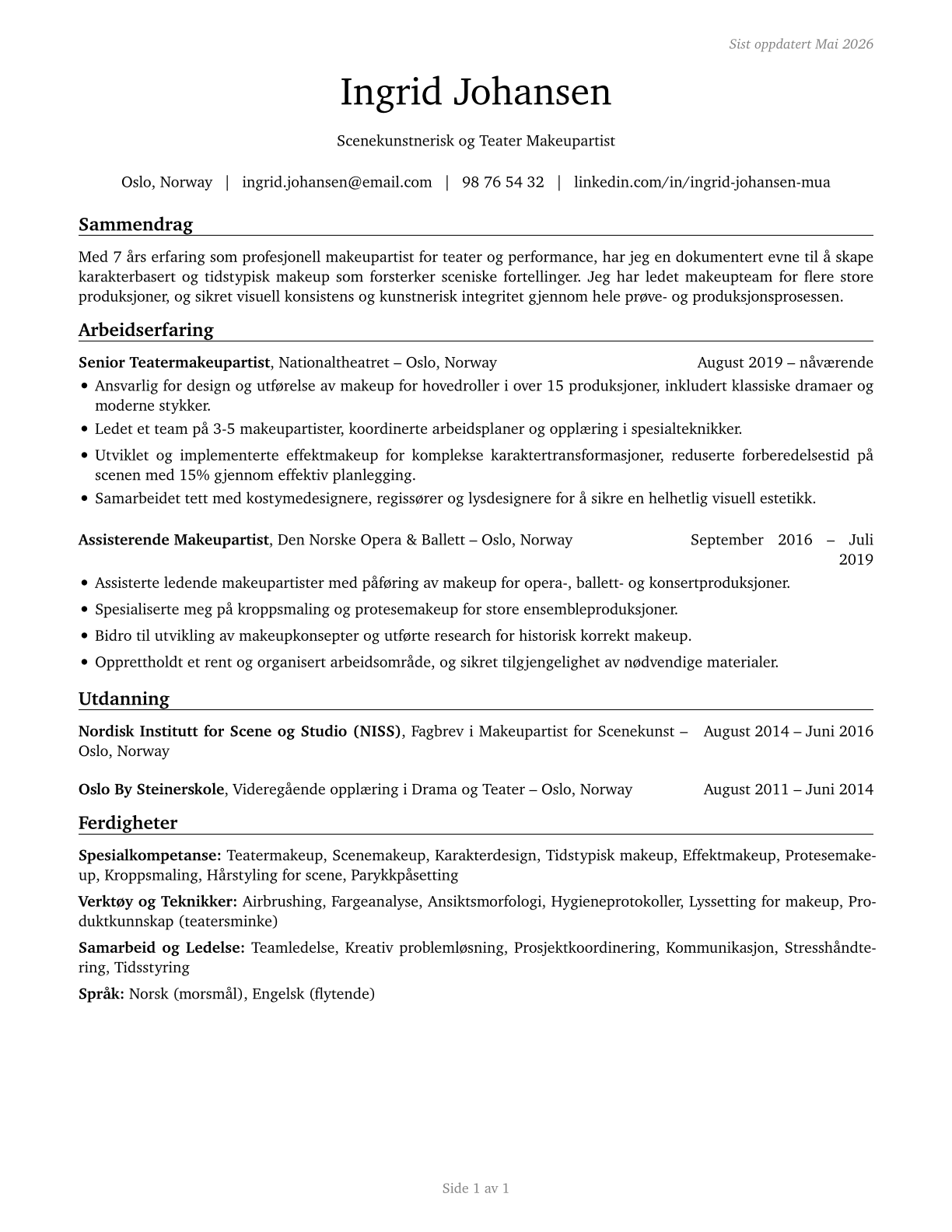 Makeup Artists, Theatrical and Performance CV in Norwegian_bokmal — page 1