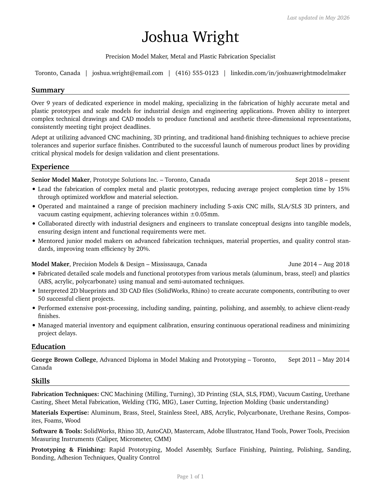 Model Makers, Metal and Plastic CV in English — page 1