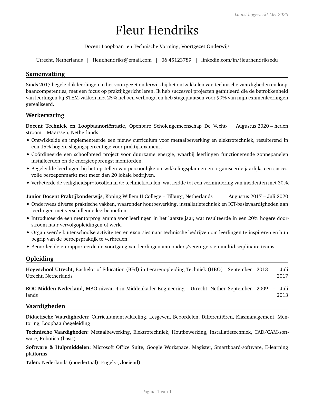 Career/Technical Education Teachers, Secondary School CV in Dutch — page 1