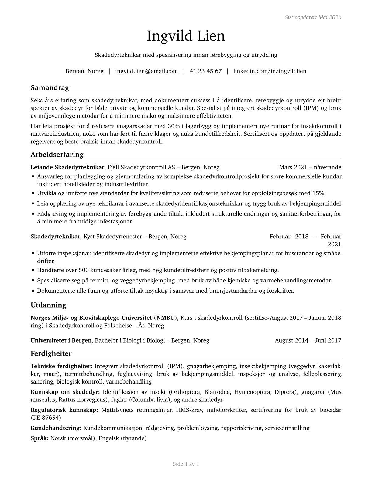 Pest Control Workers CV in Norwegian_nynorsk — page 1