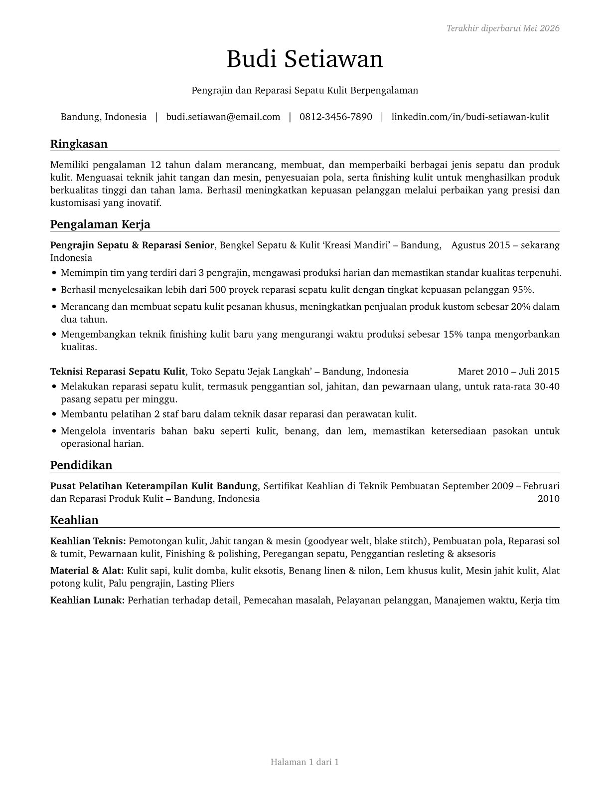 Shoe and Leather Workers and Repairers CV in Indonesian — page 1