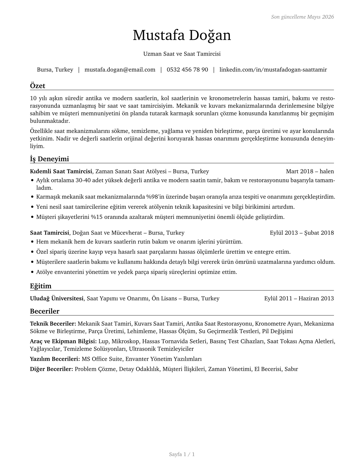 Watch and Clock Repairers CV in Turkish — page 1