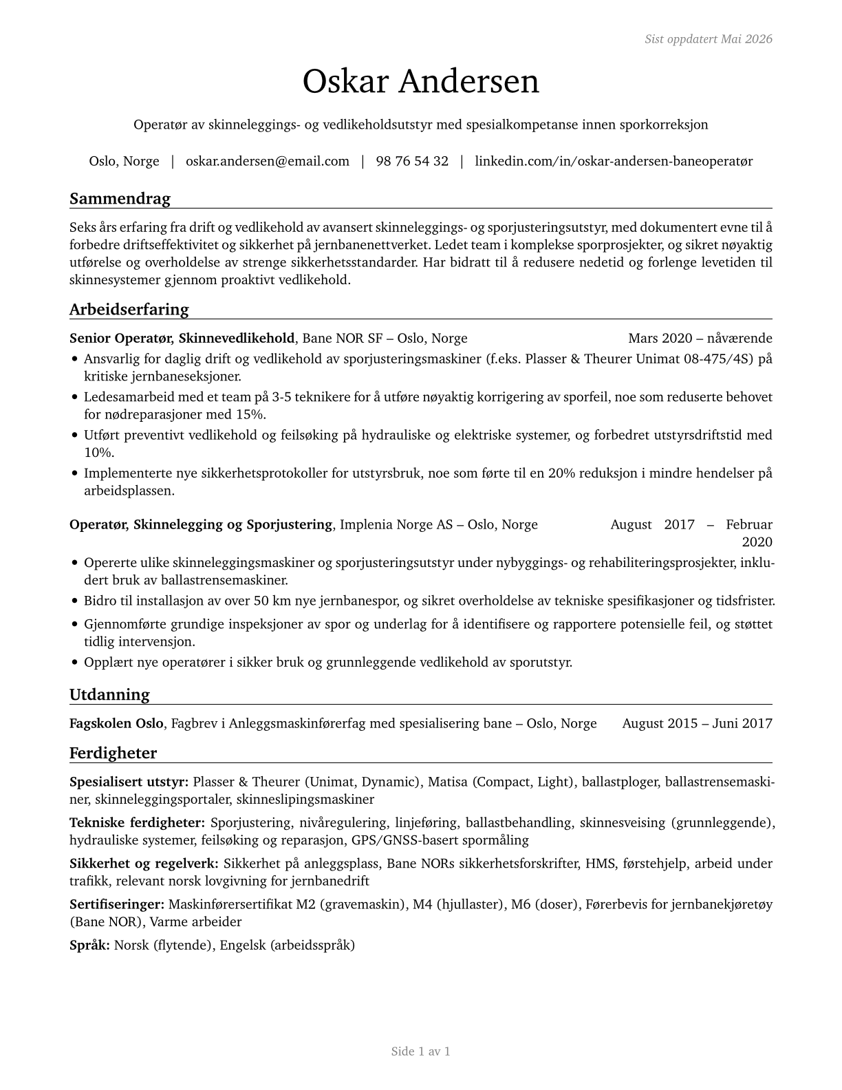 Rail-Track Laying and Maintenance Equipment Operators CV in Norwegian_bokmal — page 1