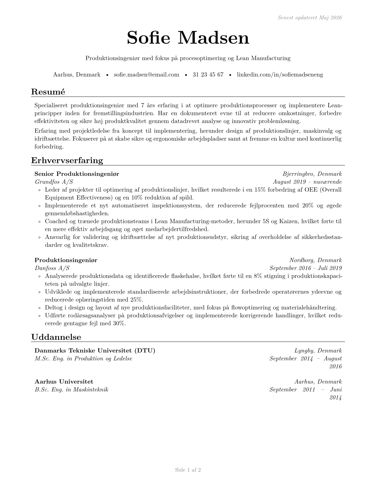 Manufacturing Engineers CV in Danish — page 1