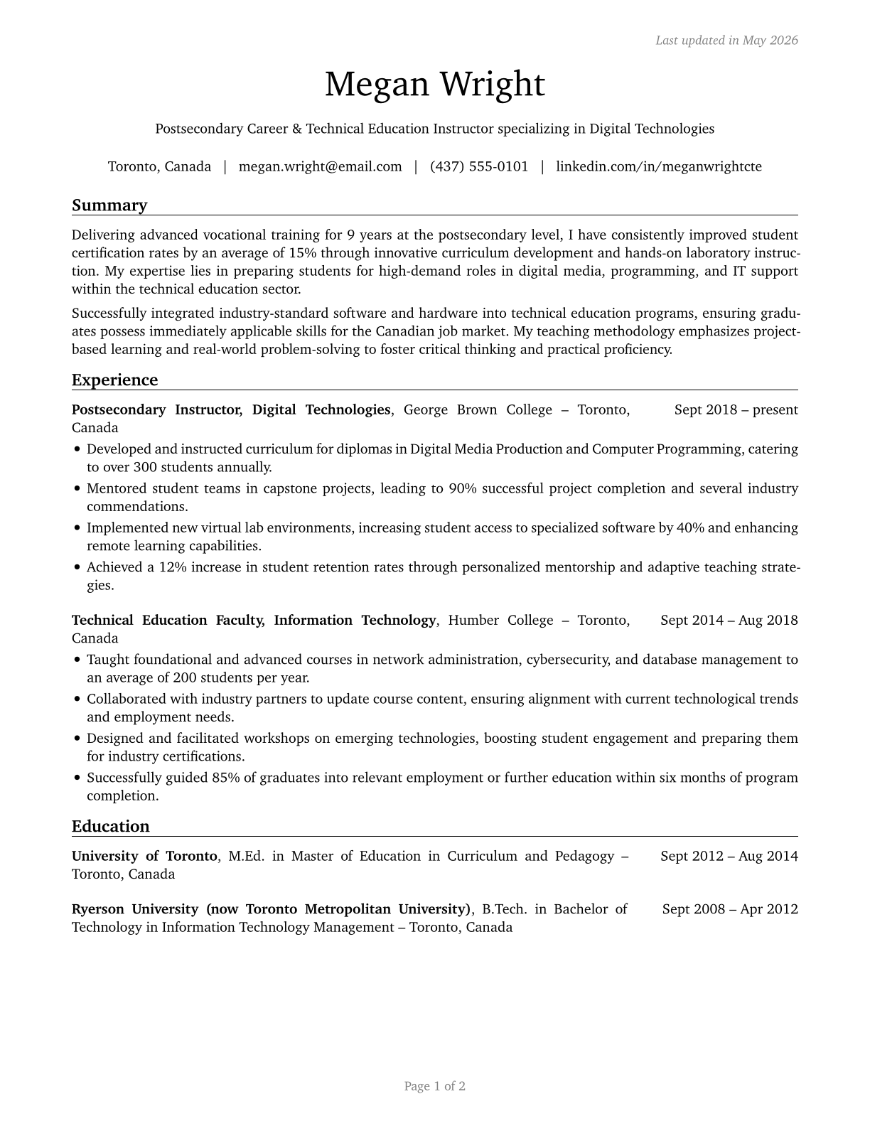 Career/Technical Education Teachers, Postsecondary CV in English — page 1