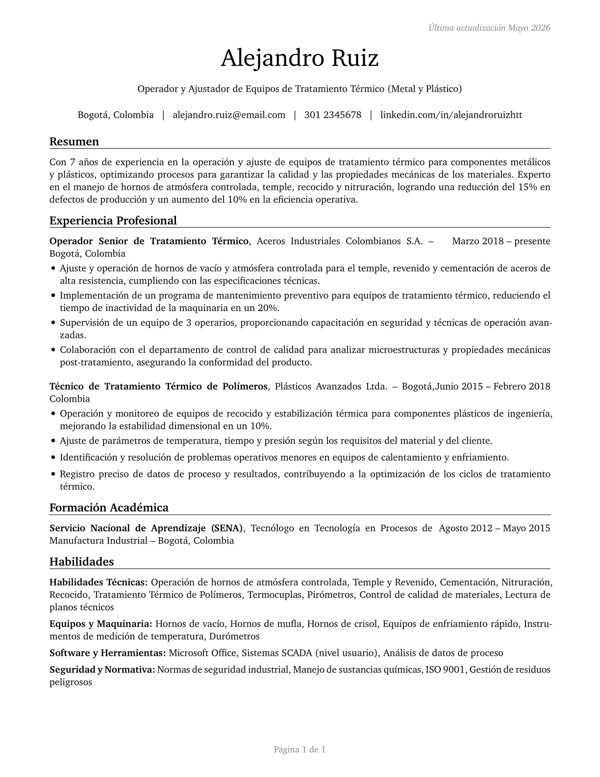 Heat Treating Equipment Setters, Operators, and Tenders, Metal and Plastic CV in Spanish — page 1