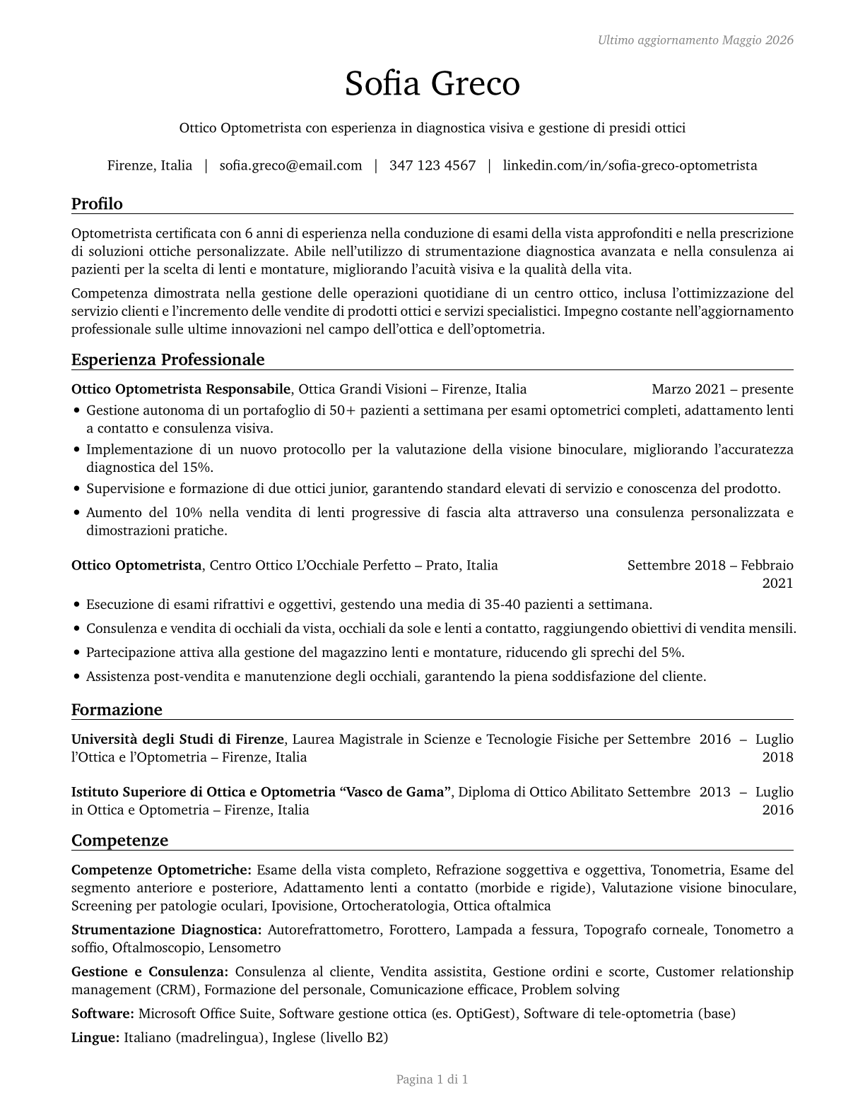 Optometrists CV in Italian — page 1