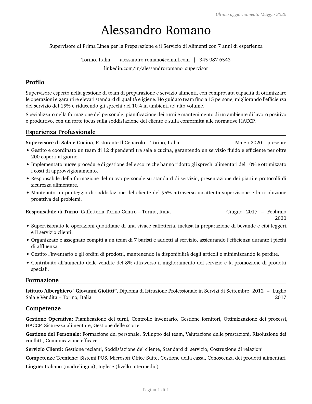 First-Line Supervisors of Food Preparation and Serving Workers CV in Italian — page 1