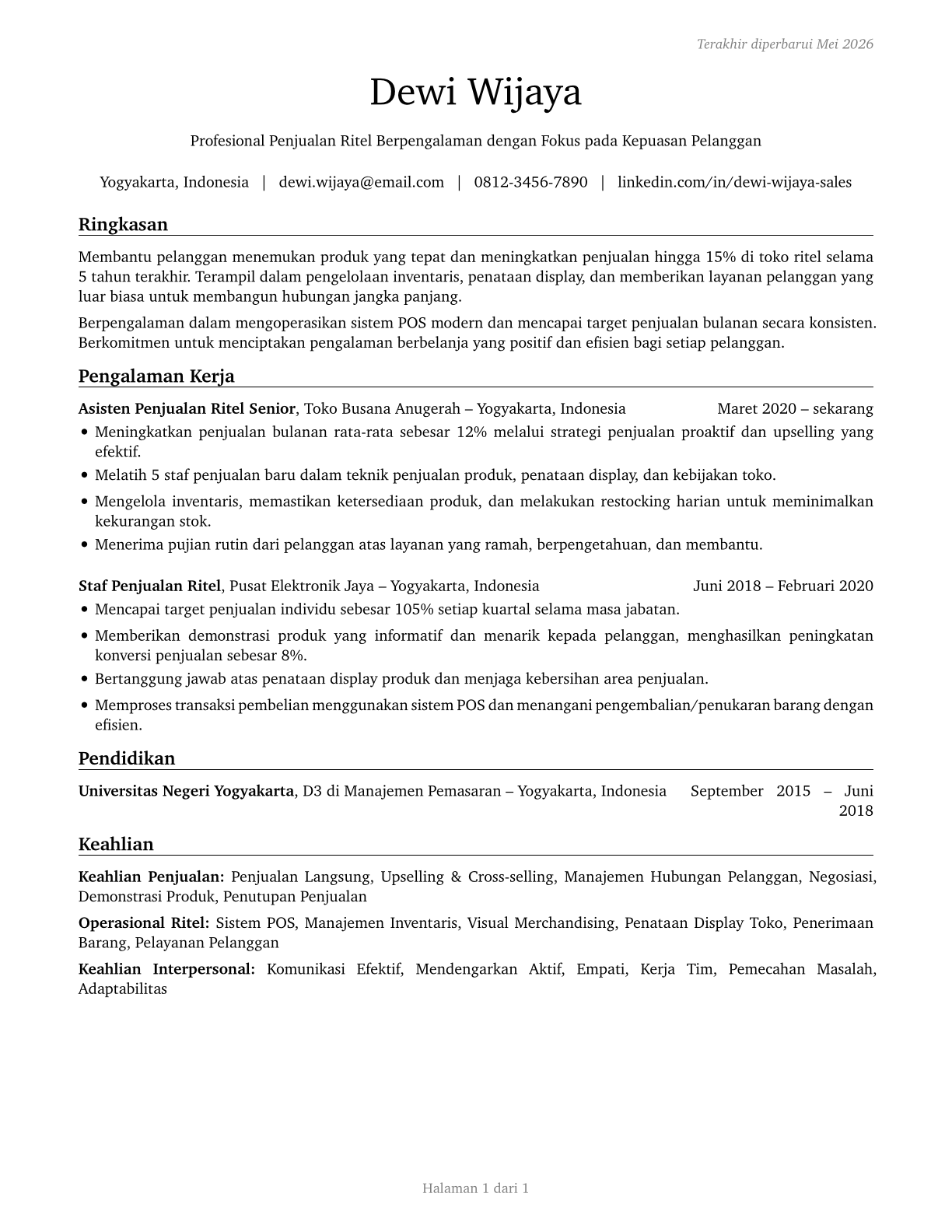 Retail Salespersons CV in Indonesian — page 1