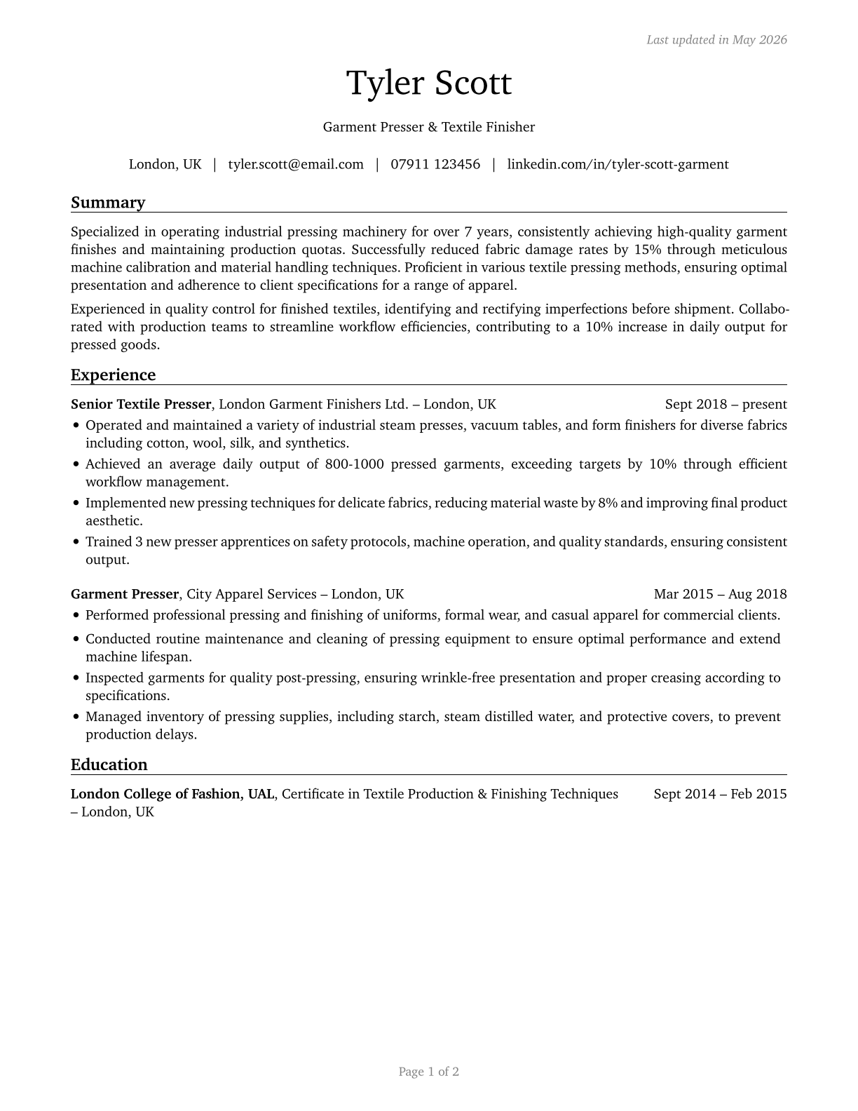 Pressers, Textile, Garment, and Related Materials CV in English — page 1