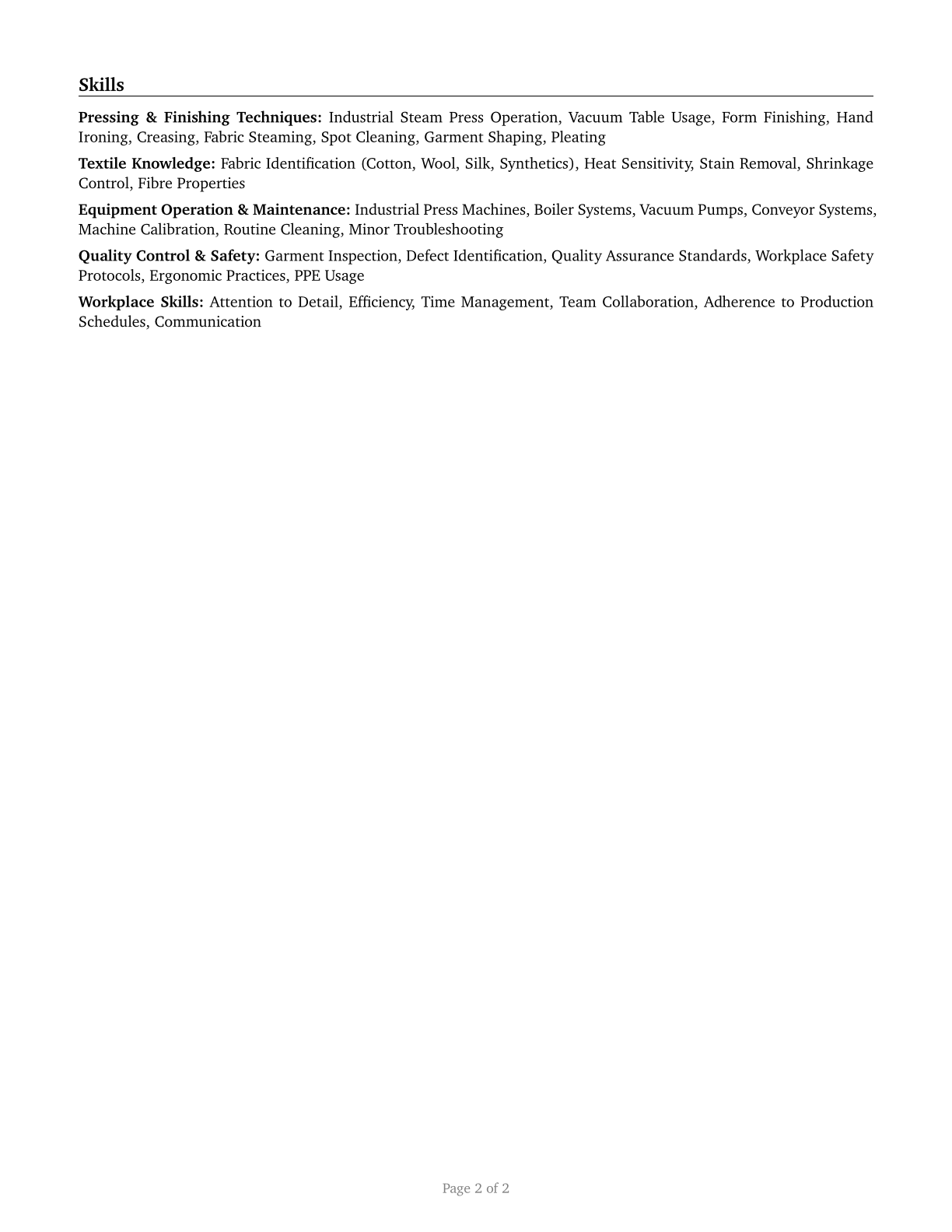 Pressers, Textile, Garment, and Related Materials CV in English — page 2