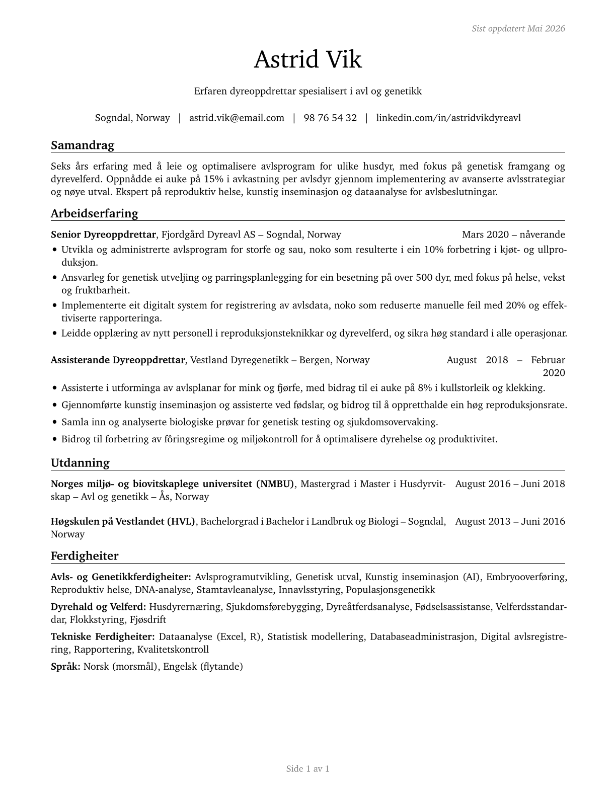 Animal Breeders CV in Norwegian_nynorsk — page 1