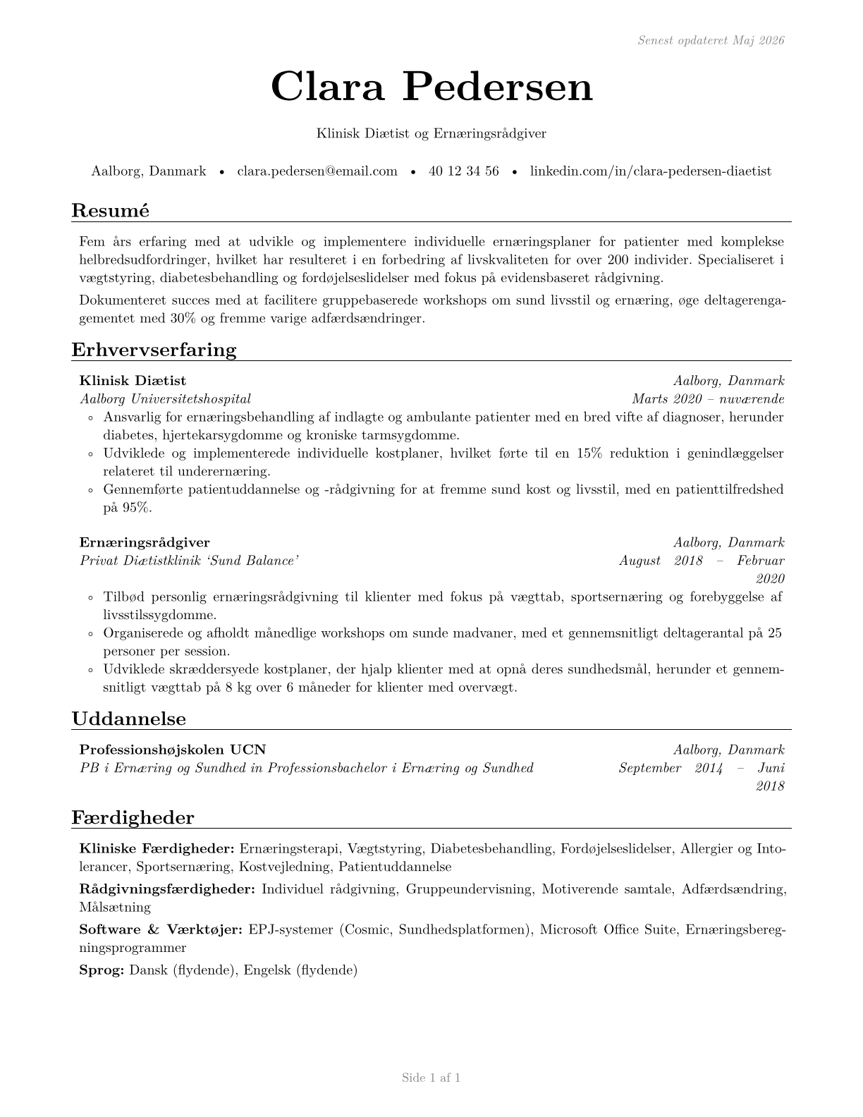 Dietitians and Nutritionists CV in Danish — page 1