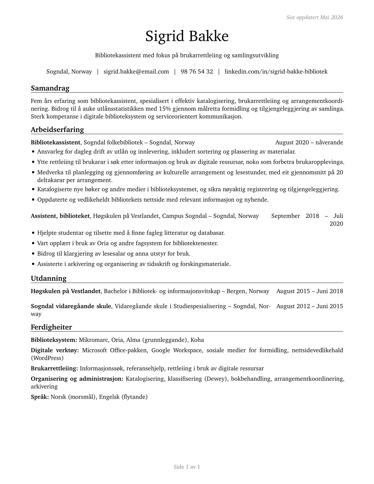 Library Assistants, Clerical CV in Norwegian_nynorsk — page 1