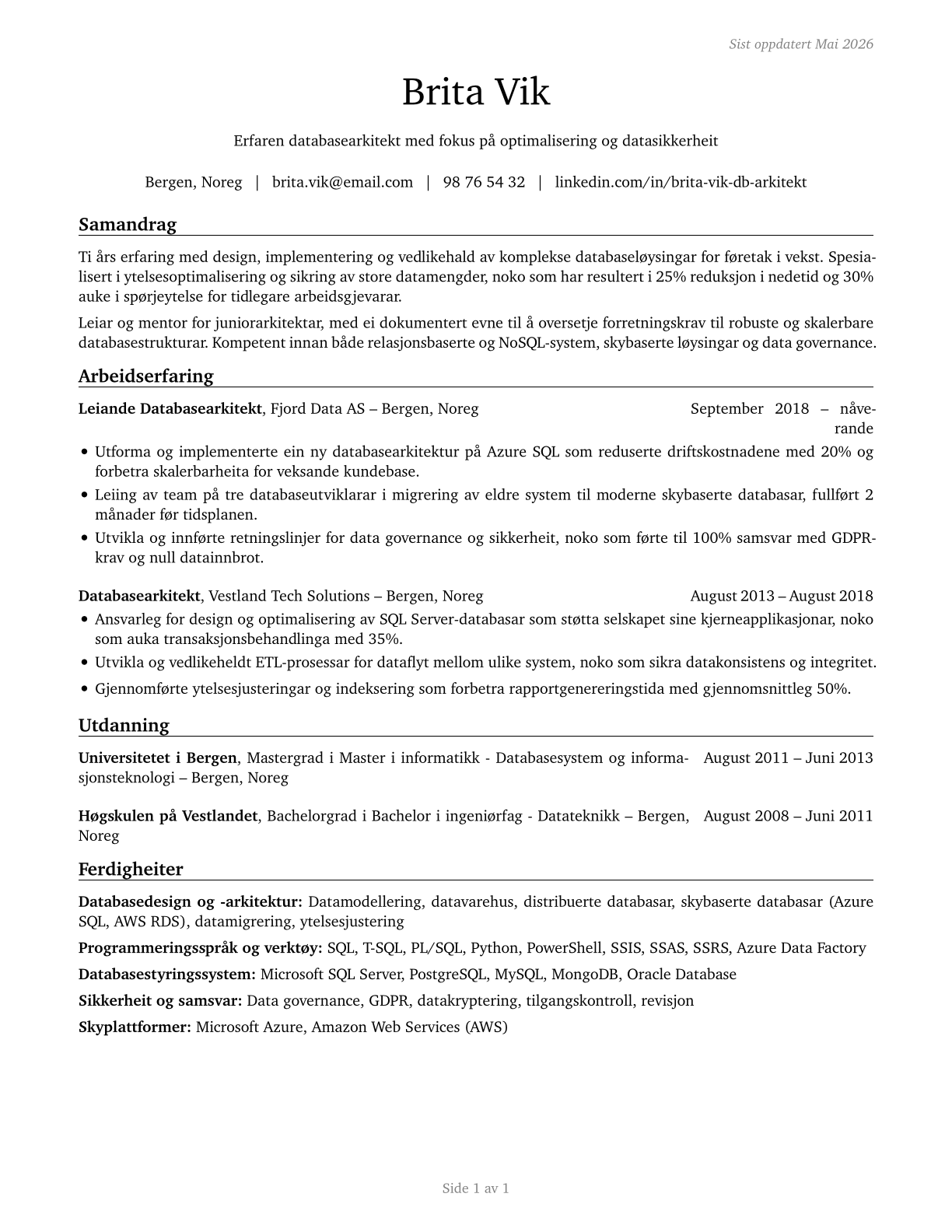 Database Architects CV in Norwegian_nynorsk — page 1