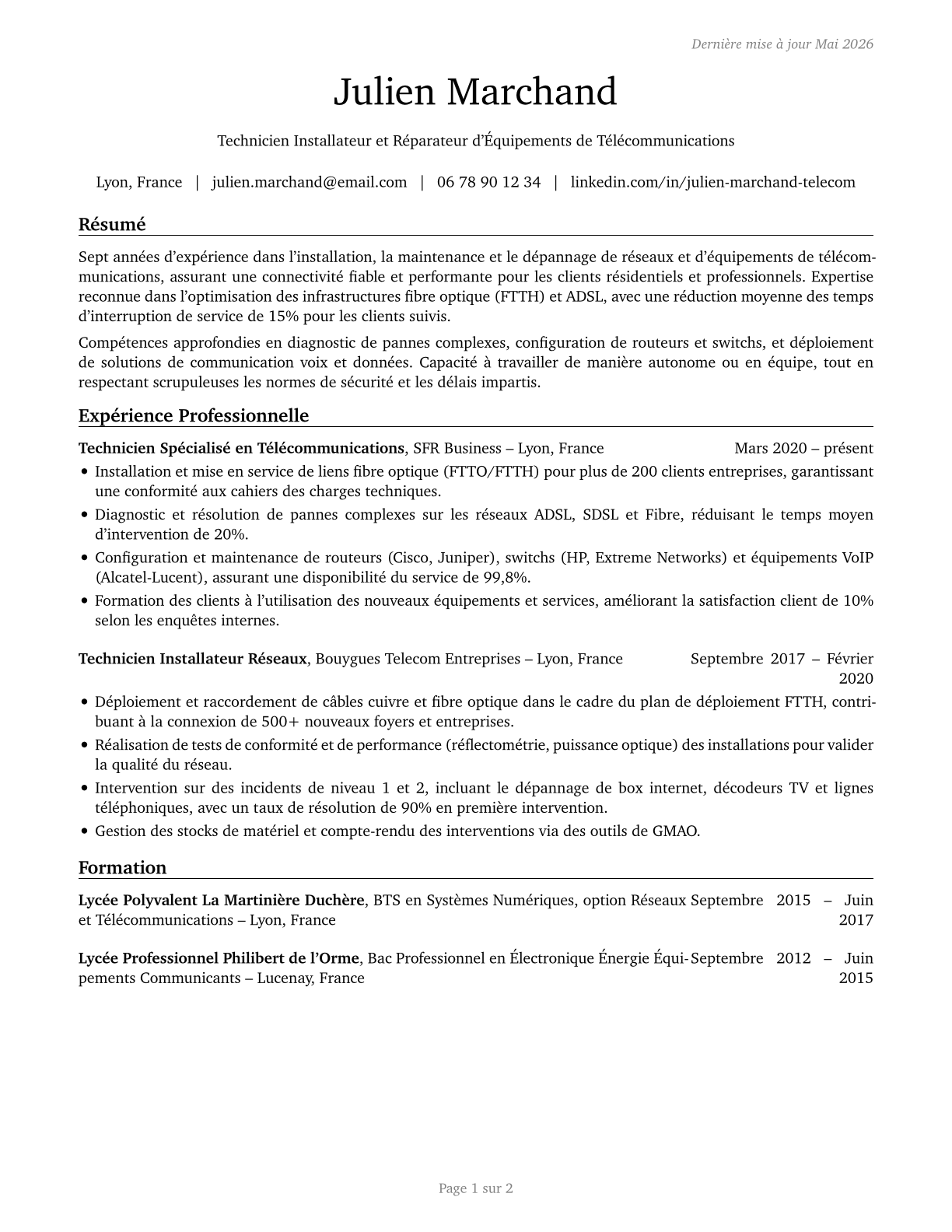 Telecommunications Equipment Installers and Repairers, Except Line Installers CV in French — page 1