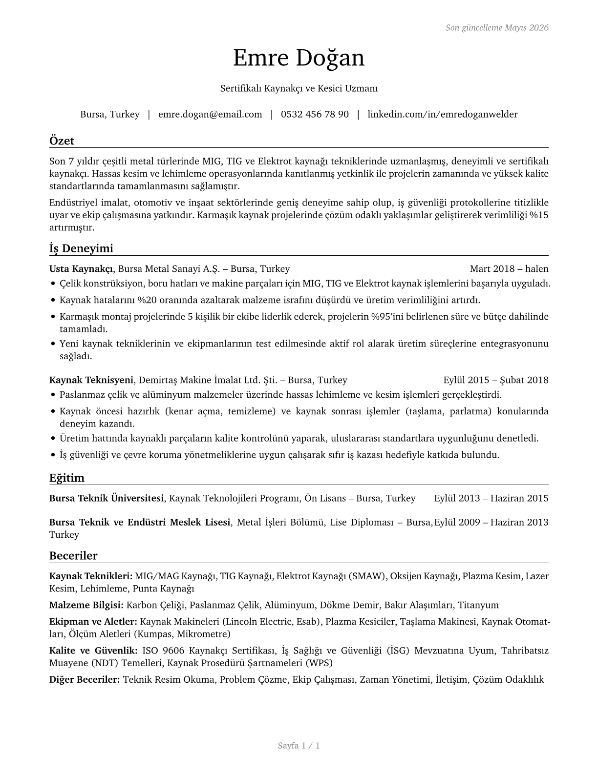 Welders, Cutters, Solderers, and Brazers CV in Turkish — page 1