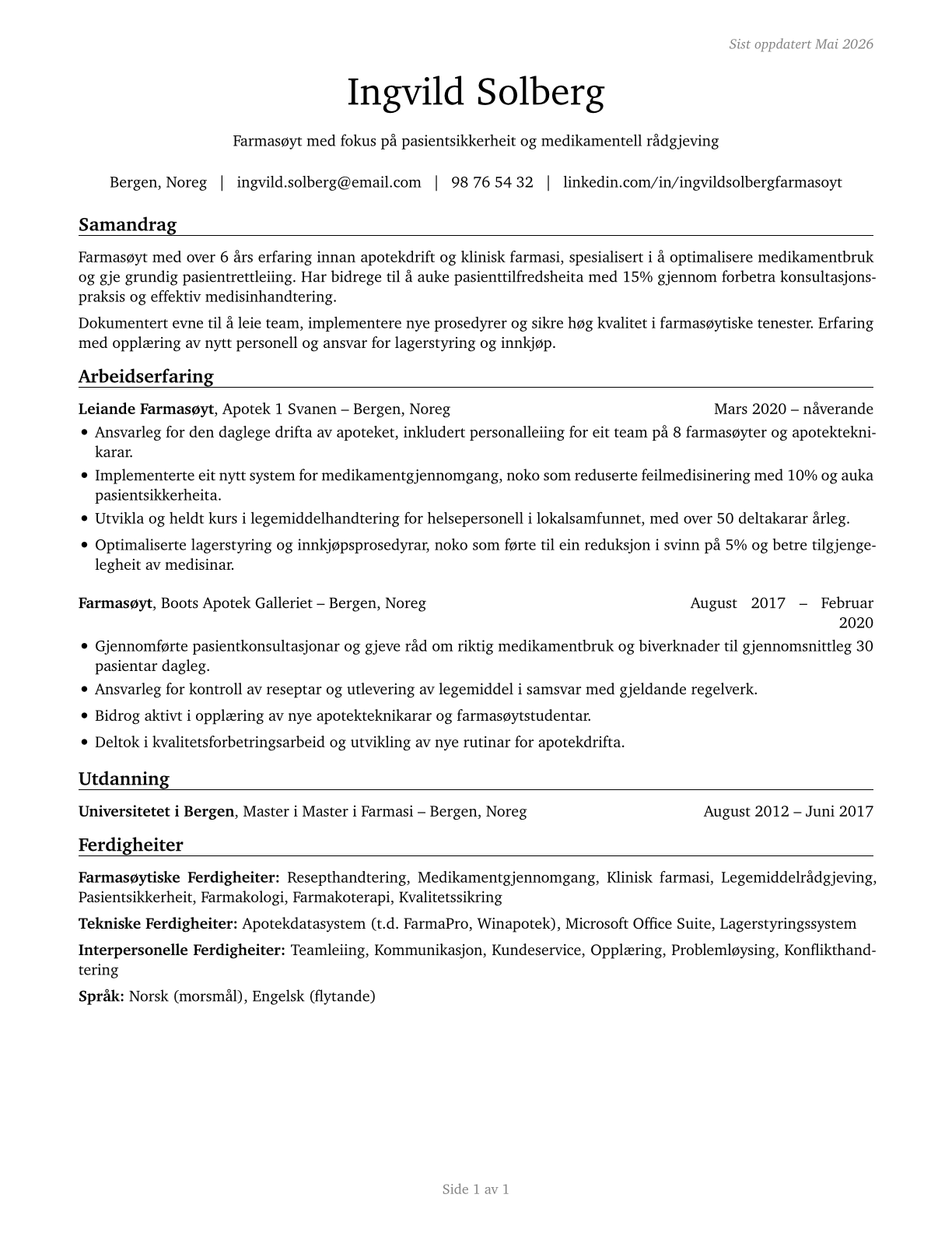Pharmacists CV in Norwegian_nynorsk — page 1