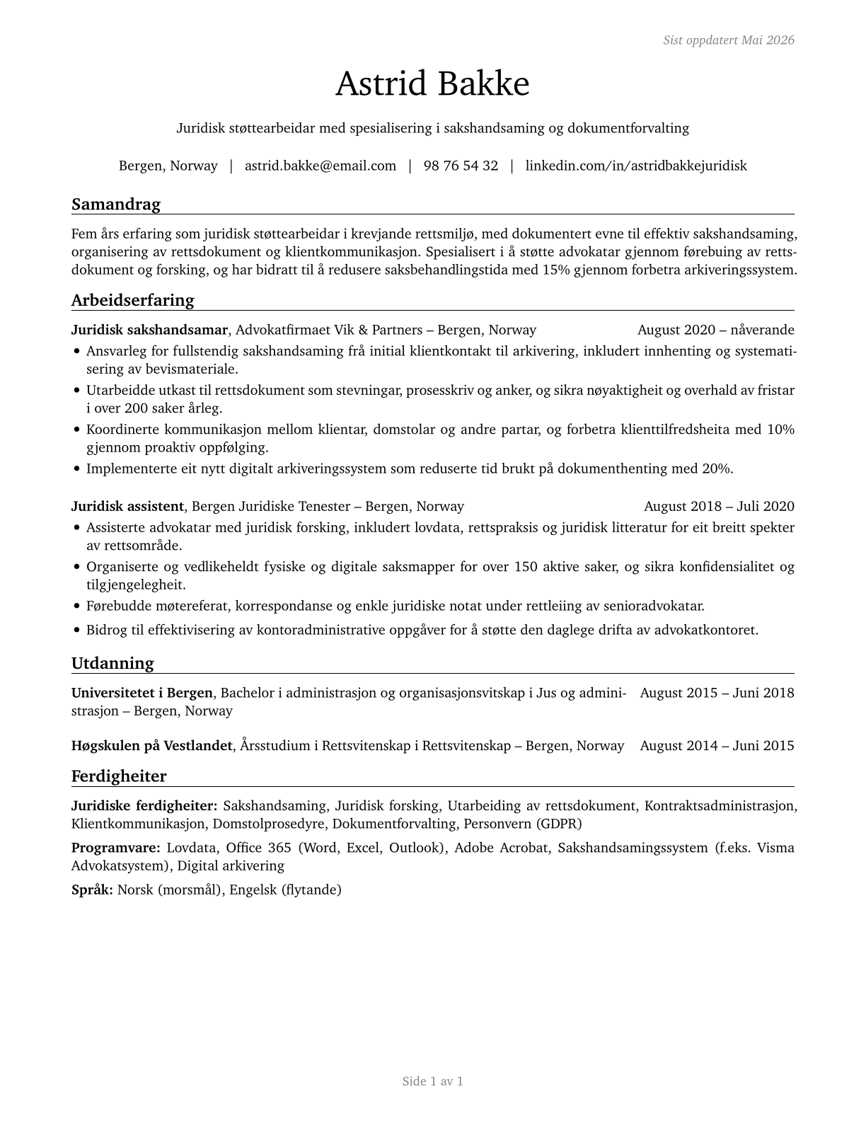 Legal Support Workers, All Other CV in Norwegian_nynorsk — page 1