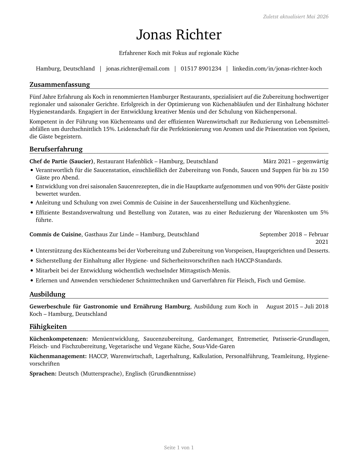 Cooks, Restaurant CV in German — page 1