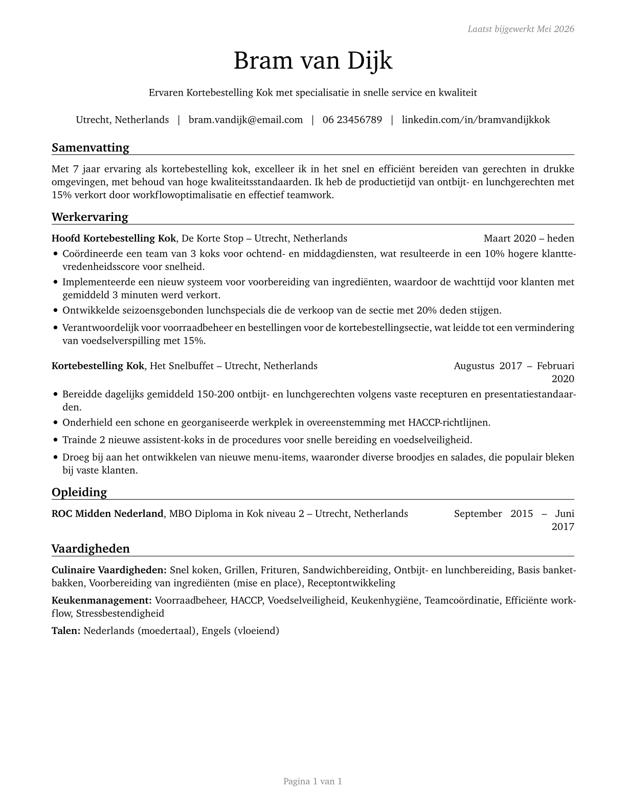 Cooks, Short Order CV in Dutch — page 1
