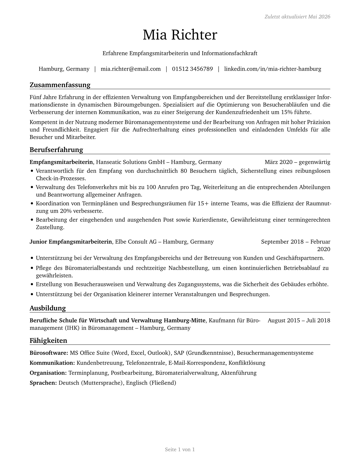 Receptionists and Information Clerks CV in German — page 1