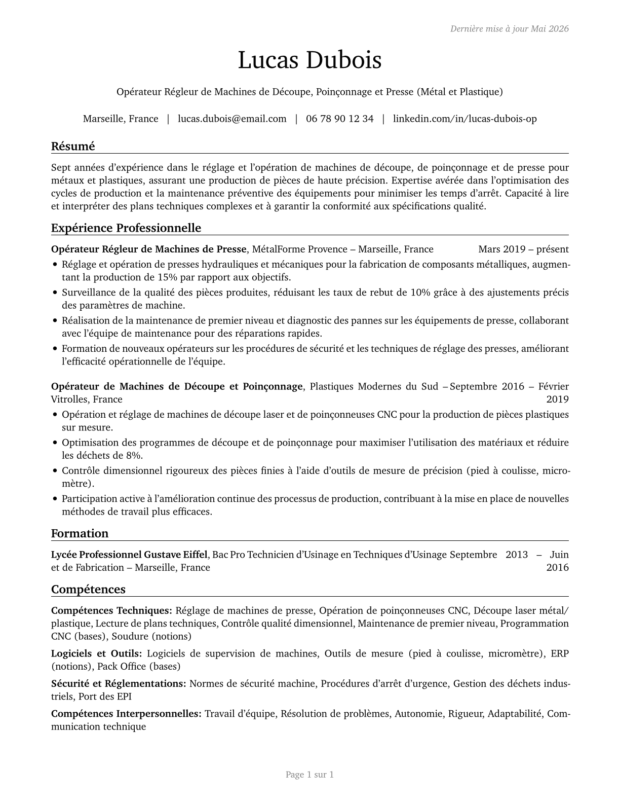 Cutting, Punching, and Press Machine Setters, Operators, and Tenders, Metal and Plastic CV in French — page 1