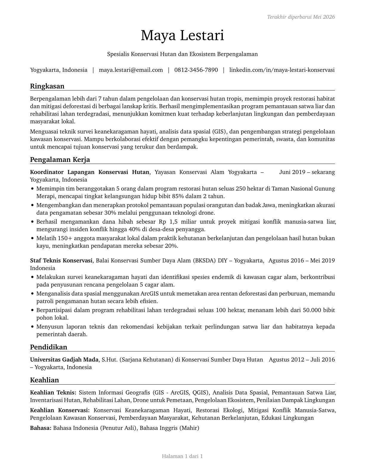 Forest and Conservation Workers CV in Indonesian — page 1
