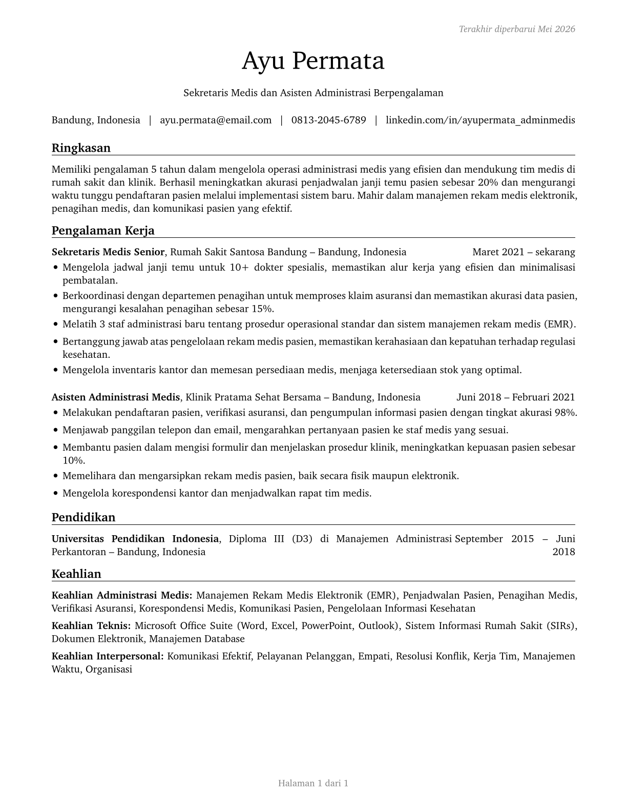 Medical Secretaries and Administrative Assistants CV in Indonesian — page 1