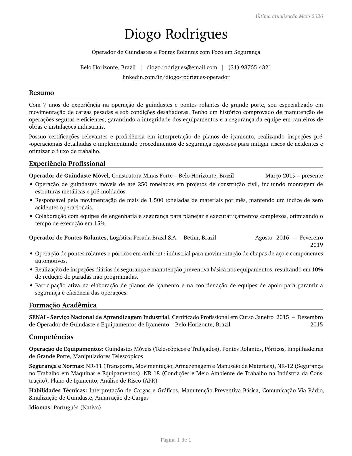 Crane and Tower Operators CV in Portuguese — page 1
