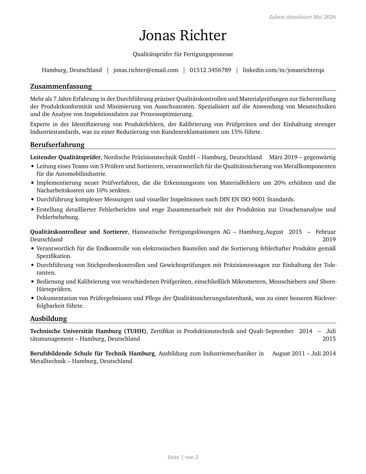 Inspectors, Testers, Sorters, Samplers, and Weighers CV in German — page 1